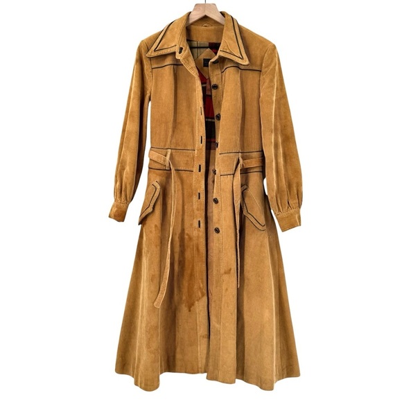 Vintage 70s Women's Trench Coat Corduroy Leather Trim Belted Brown Swing Skirt M - Picture 2 of 15